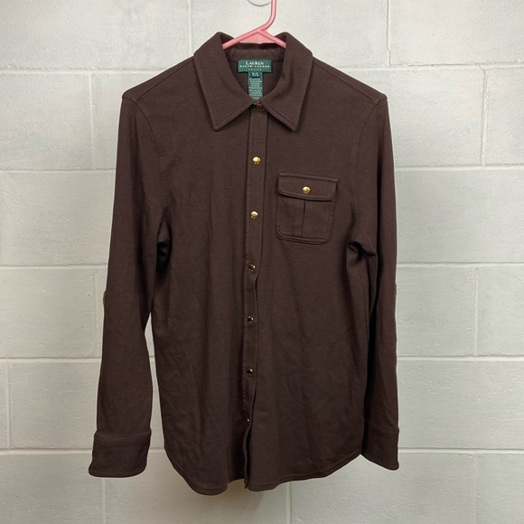 Lauren Ralph Lauren Women's Petite LS Cotton‎ Knit Blouse SMALL Brown Roll Tab - Picture 1 of 8